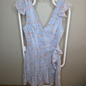 Floral Ruffle Tie-Waist Mini Dress - Light Blue